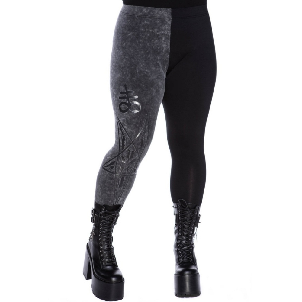 Killstar ✦ Two-Faced Witch Graphic Leggings ✦ Black Grey Contrast Split-Leg XS - Picture 8 of 9